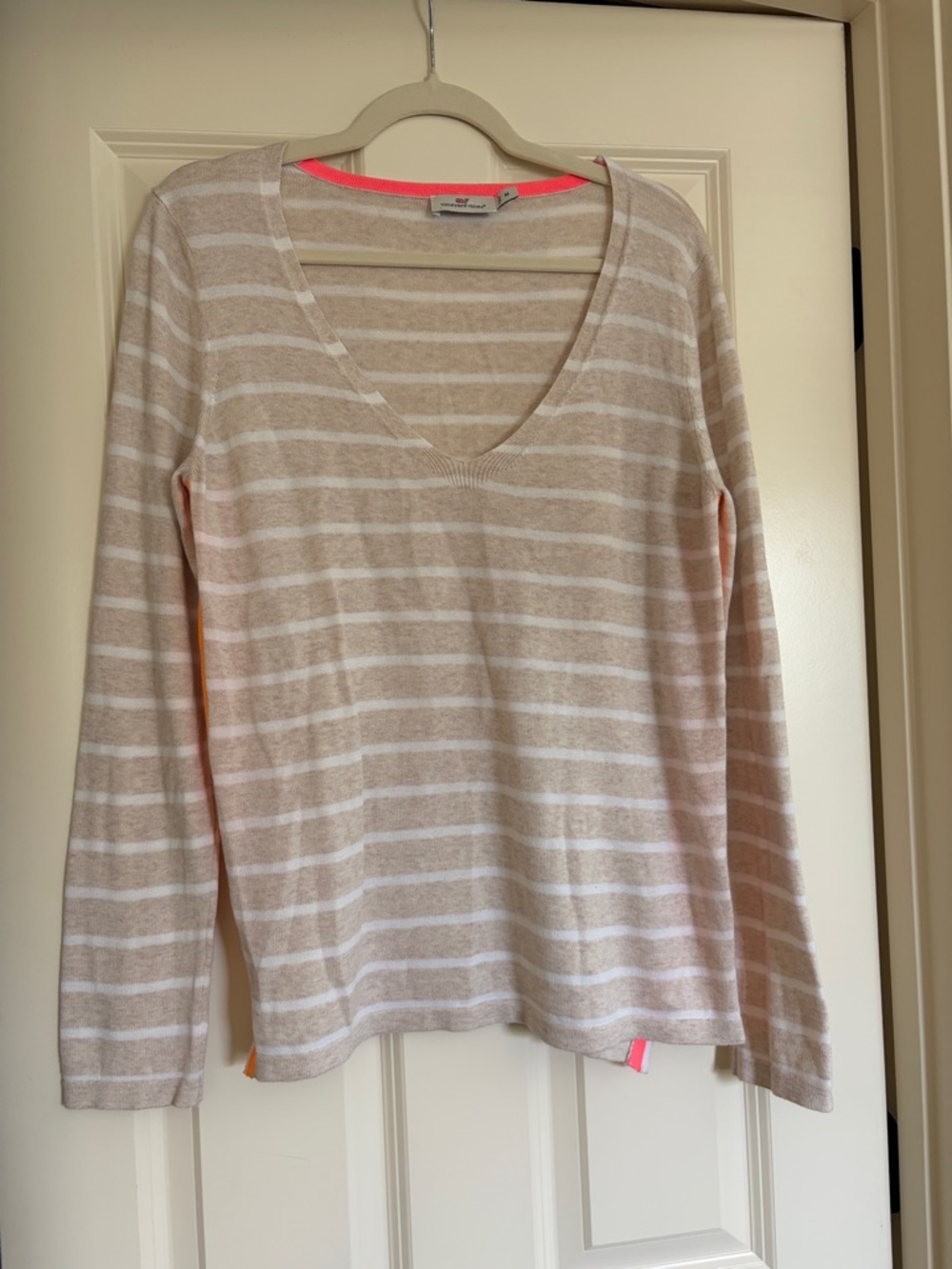 Vineyard Vines Tan and White Striped V-Neck Women's Top with Neon Trim